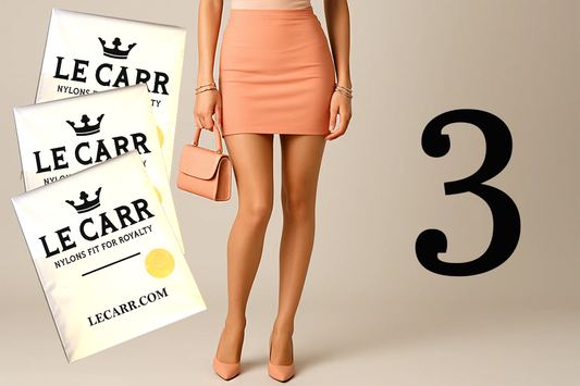 A model wearing a peach-colored mini skirt and holding a matching handbag, shown alongside three LE CARR nylon packaging bags and a large black number 3 on a beige background.